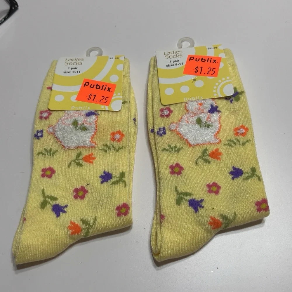 Lot 7 Easter Novelty Chick Print Crew Long Socks Various Sz 7-11 Egg Fun